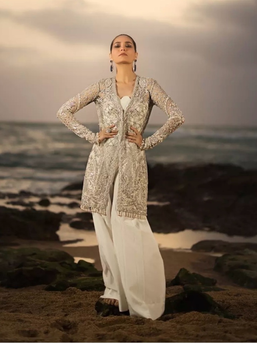 Embellished Silver-White Wedding Coat Dress - Designer